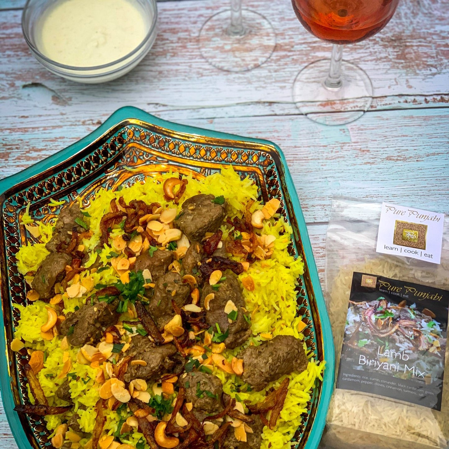 Lamb biriyani, biriyani, meat biriyani, Punjabi biriyani, how to make biriyani, coconut & sesame chutney, yoghurt dip