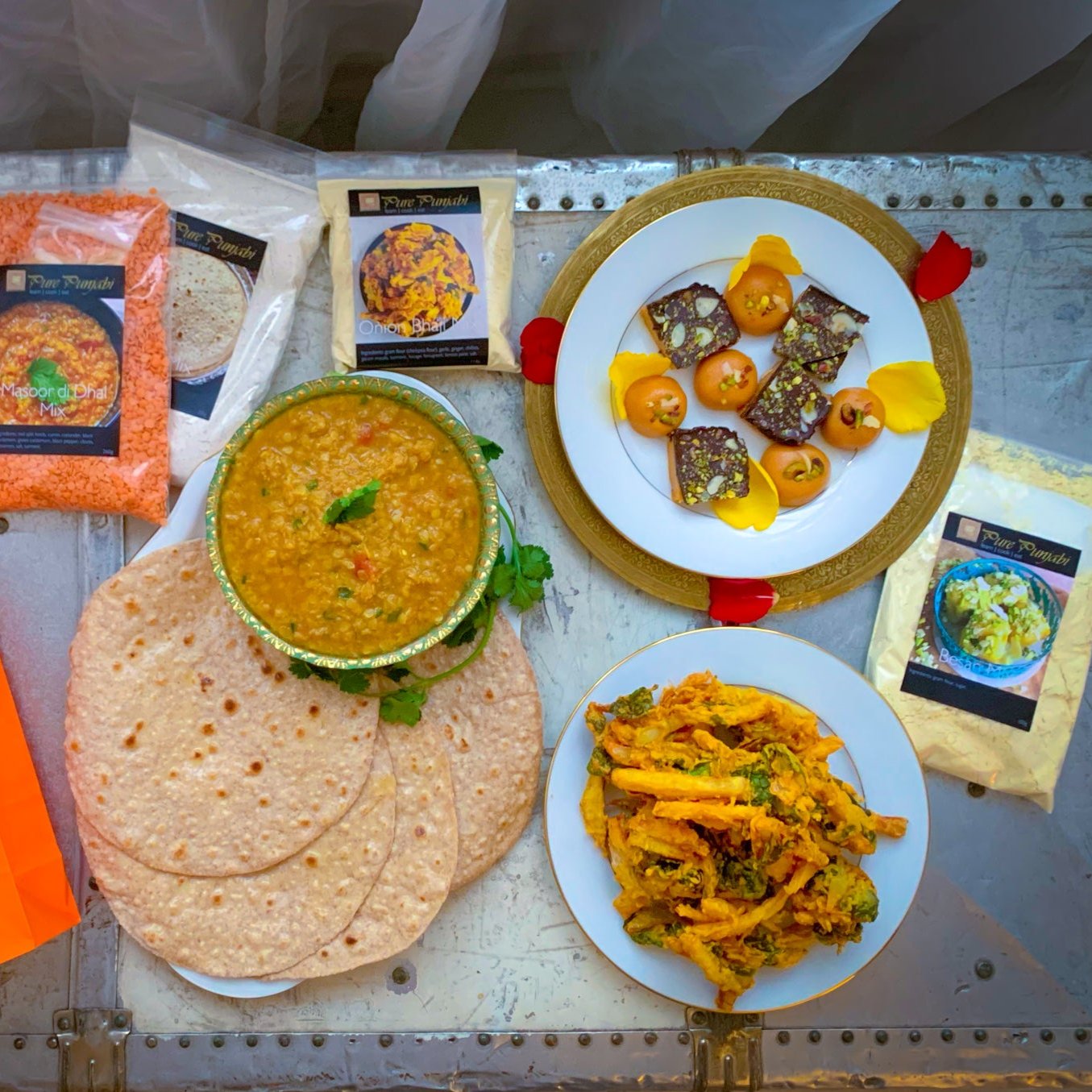 Masoor di dhal, dhal, red lentil dhal, pakore, onion bhajis, pakora, besan, crumbly indian fudge, indian sweets, vegan, plant based, vegetarian, purepunjabi.co.uk